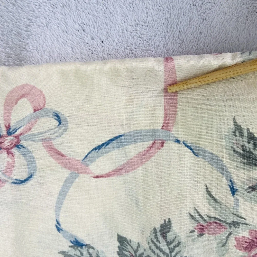 Vintage Stevens Full Flat Sheet Cases Pink Floral Roses Blue Ribbon Made in USA